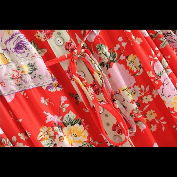 Blue V Neck Boho Floral Gypsy Print Maxi Dress - Picture 11 of 16